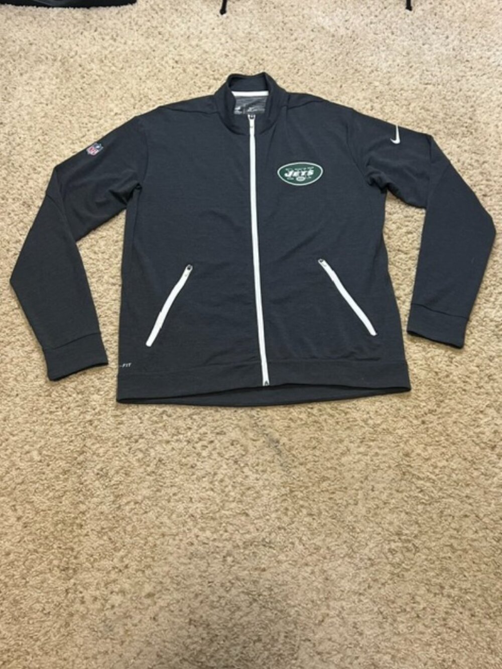 New York Jets Nike Dri Fit Dark Gray On Field Full Zip Lightweight Jacket Size L